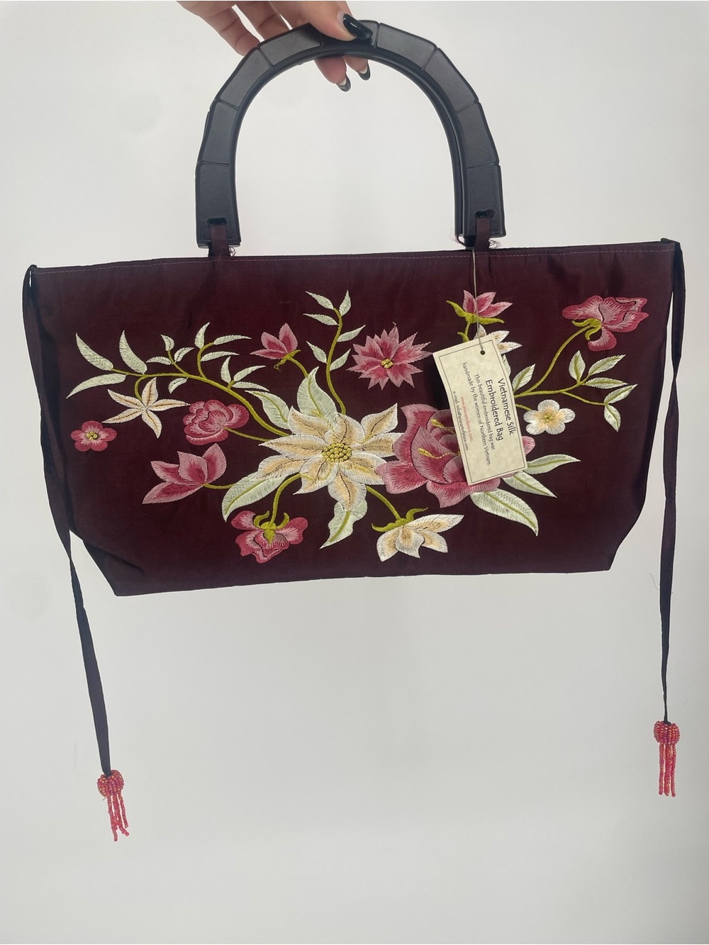 NWT Vietnamese Silk Embroidered Floral Burgundy Handmade Handbag Beaded Tassels